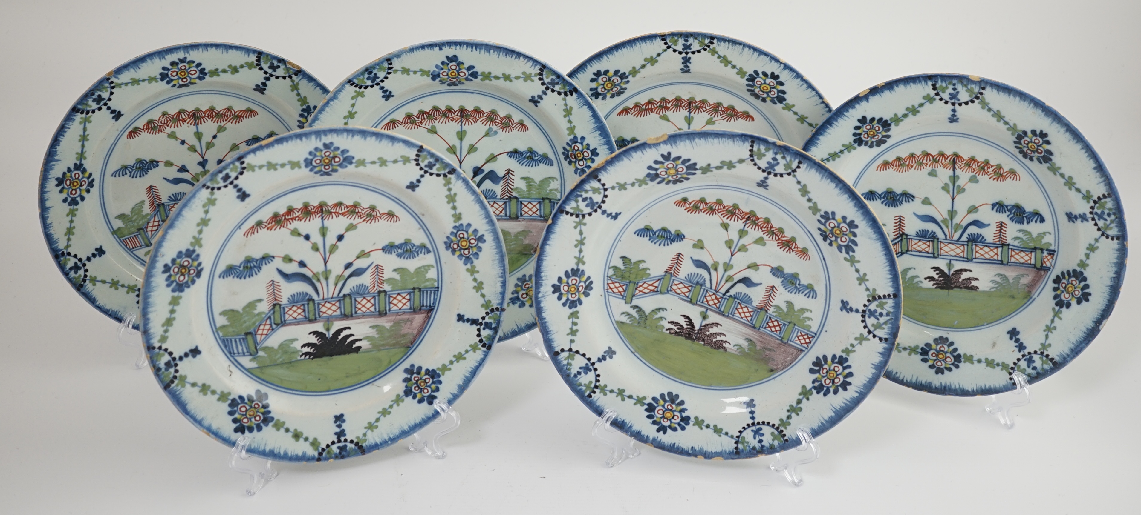 A set of six London delftware polychrome plates, late 18th century